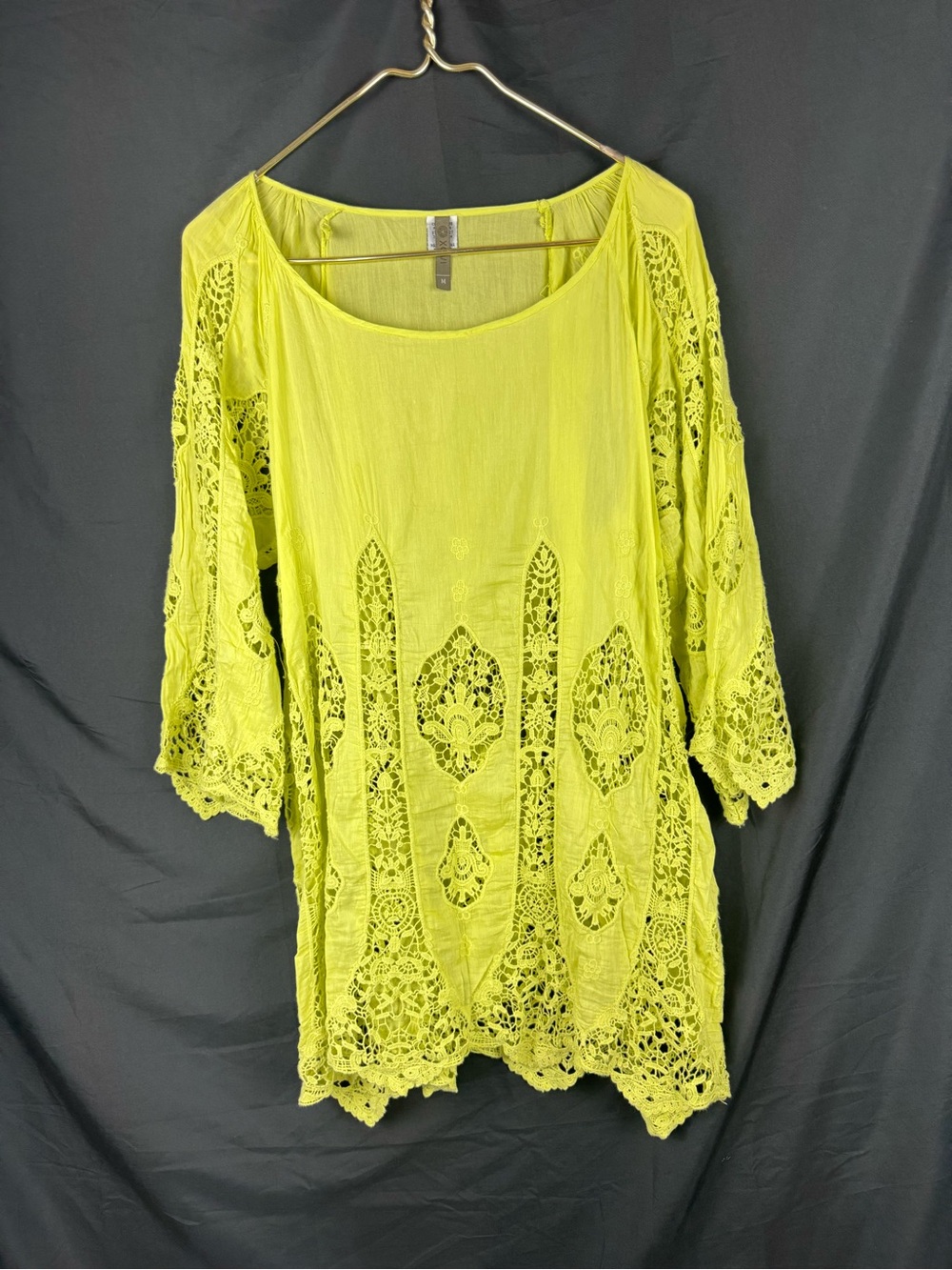 XCVI Womens Medium M Lime Green Cotton Silk Blend Crochet Lace Tunic Top Blouse